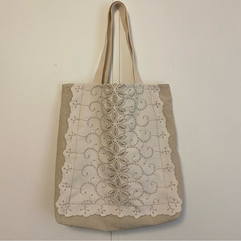 Beige and Cream Vintage Embroidered Linens Tote Bag